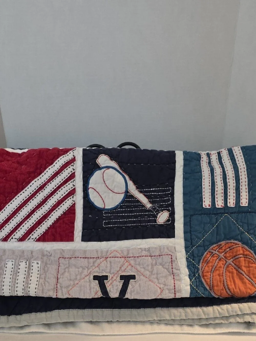 Pottery Barn Kids Junior Varsity Red Navy Sports Patchwork Quilted Toddler Crib